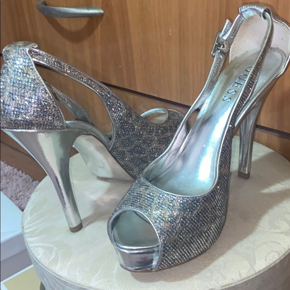 Sparkling silver high heel shoes